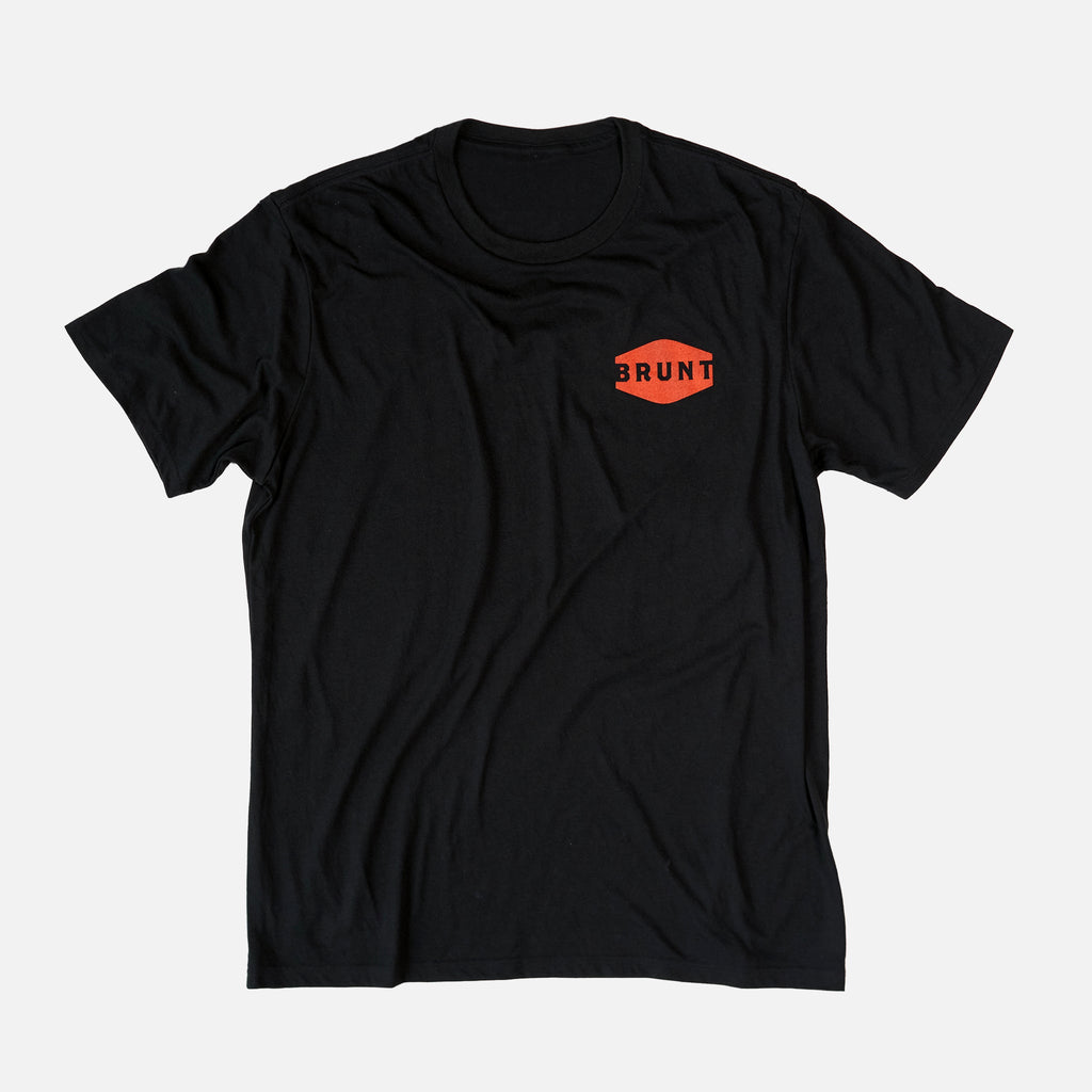 Front of the BRUNT high quality t-shirt in black with american worker graphic on back