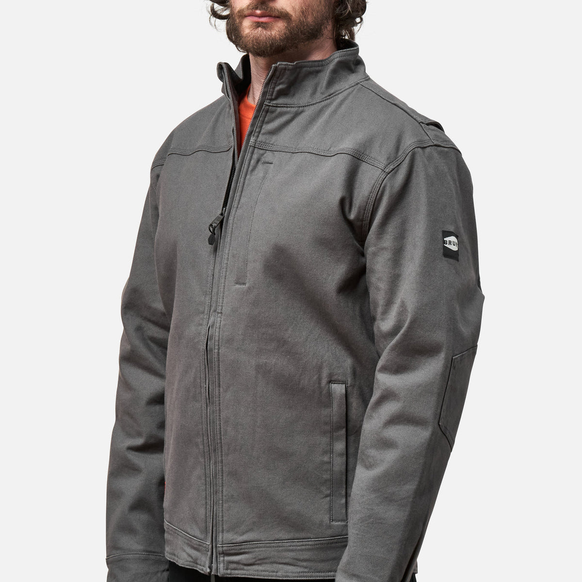 45 degree angle of the front left side of the BRUNT utility scott work jacket in charcoal * 1