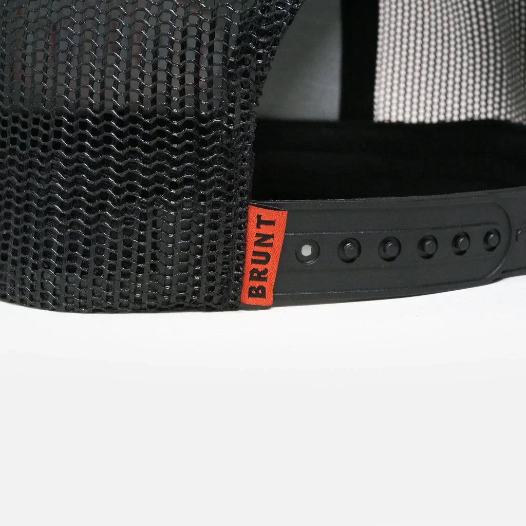 Back snaps of curved brim work hat with built in pencil holder and BRUNT logo in grey