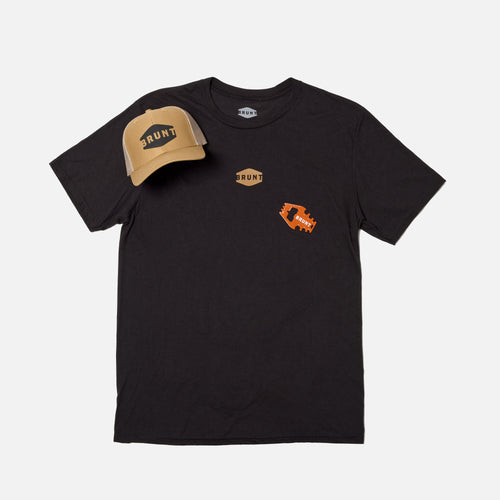 BRUNT limited edition khaki and black patch snapback, khaki logo tee and multi tool