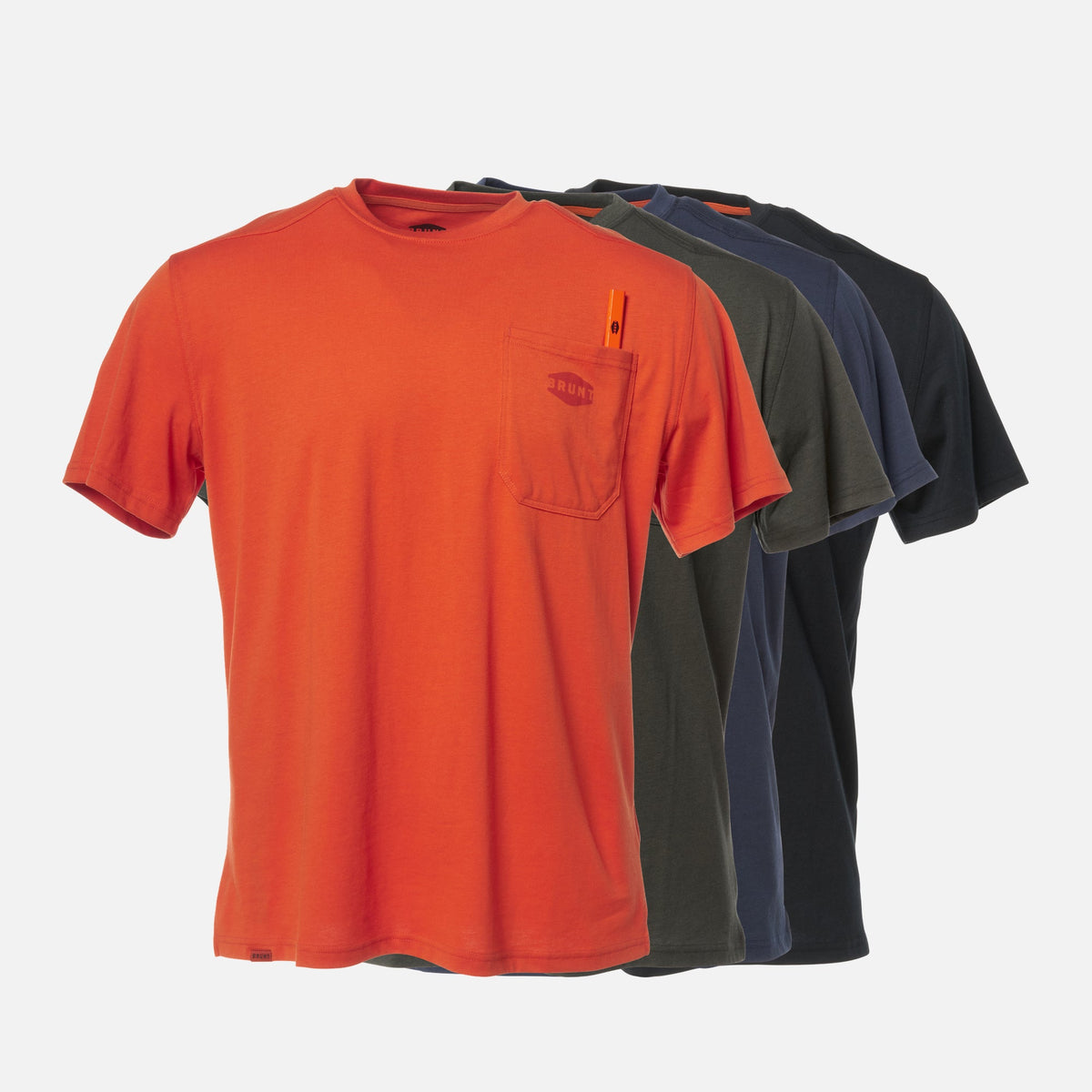Front of the BRUNT high quality short sleeve pocket tee in BRUNT orange, army green heather, navy blue and black