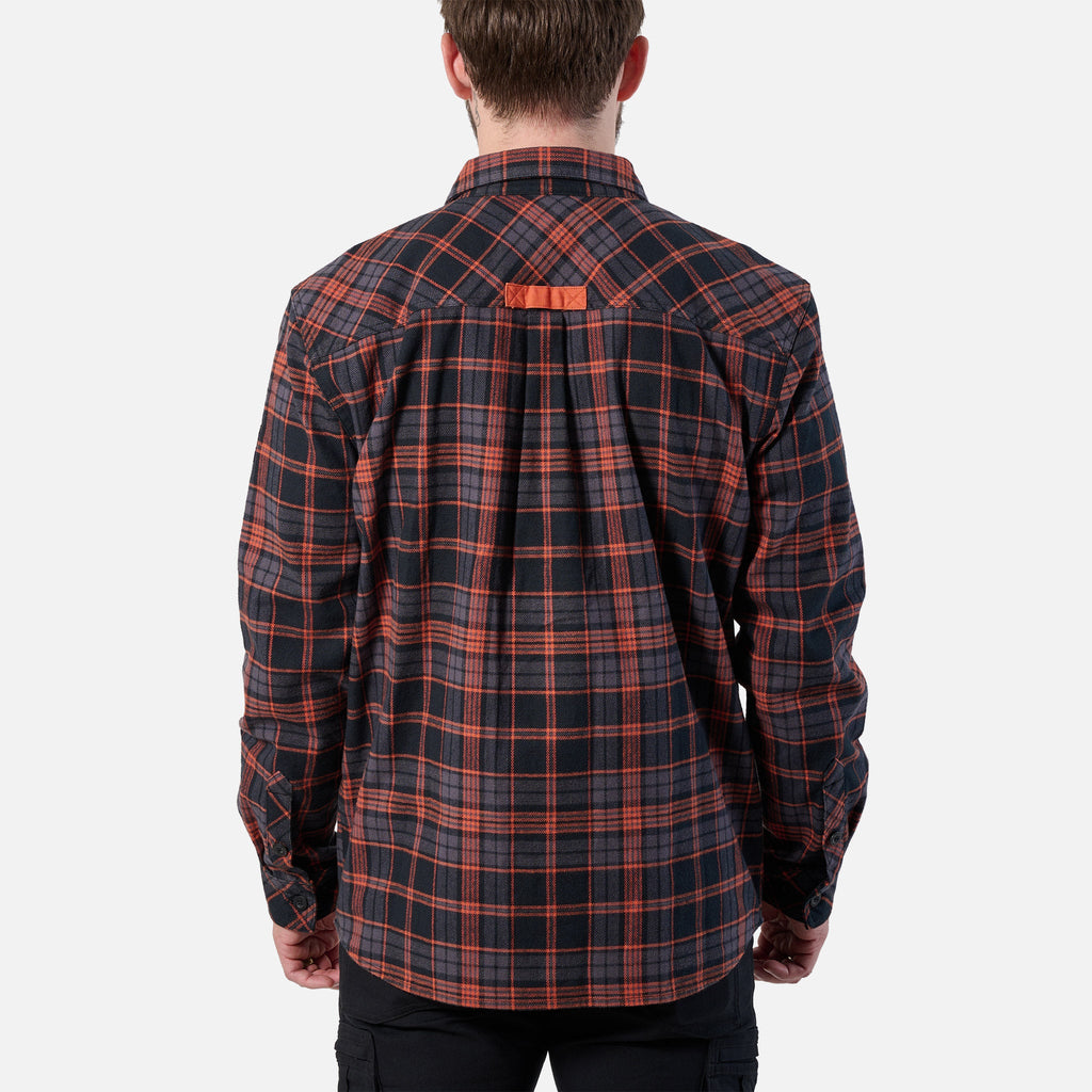 Back of the BRUNT heavy duty stretch work flannel in orange and black plaid * 2