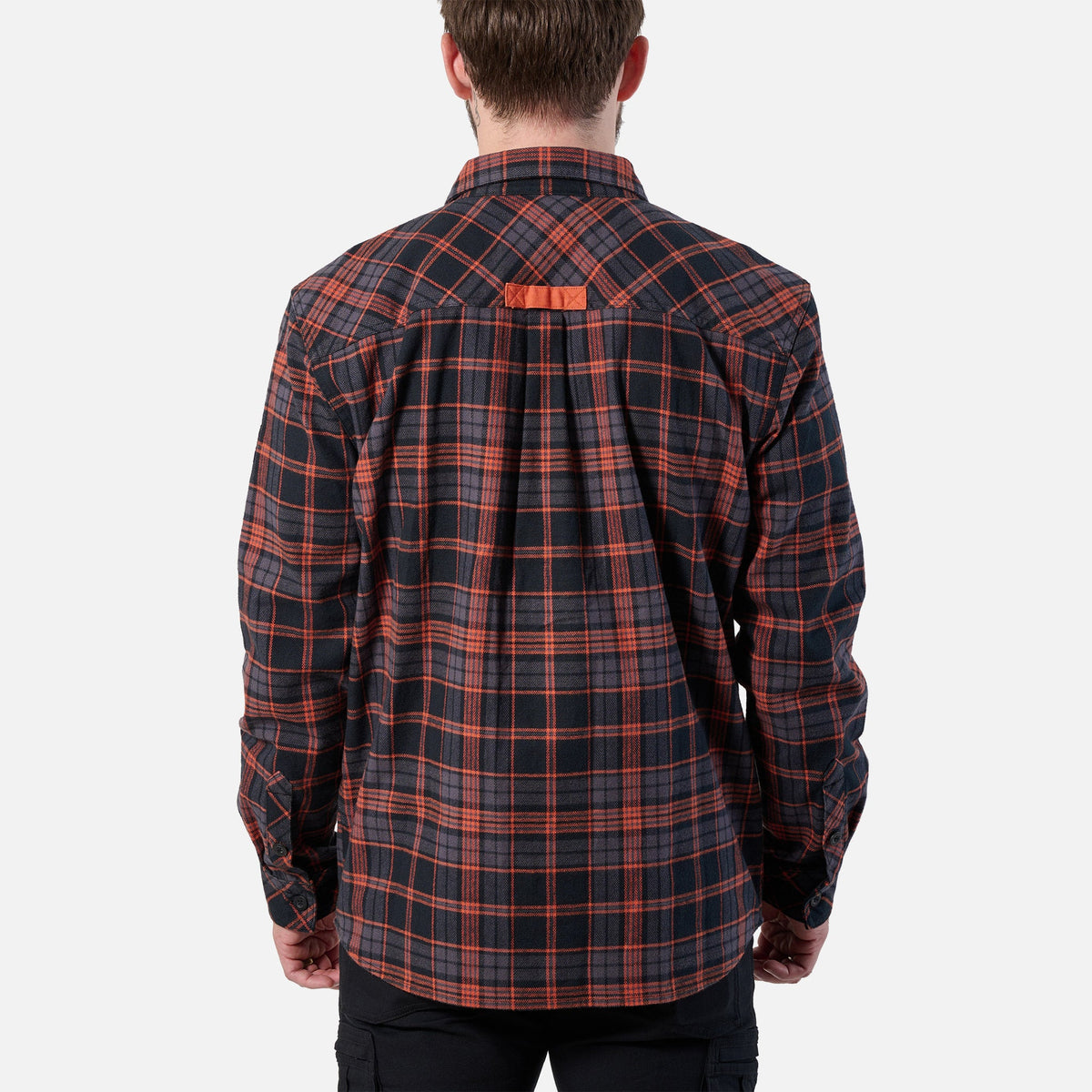 Back of the BRUNT heavy duty stretch work flannel in orange and black plaid * 2