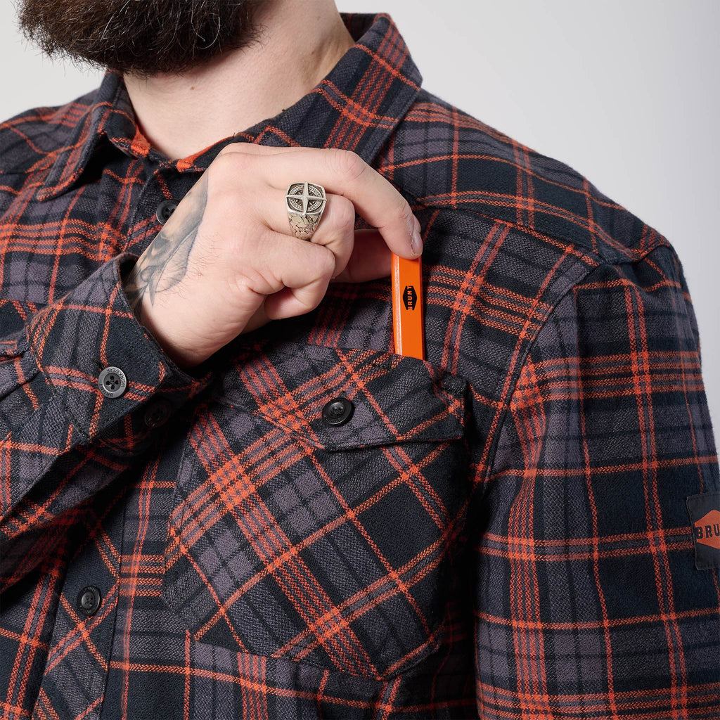 View 2 front of chest pocket with pencil slot of the BRUNT heavy duty stretch work flannel in orange and black plaid * 2