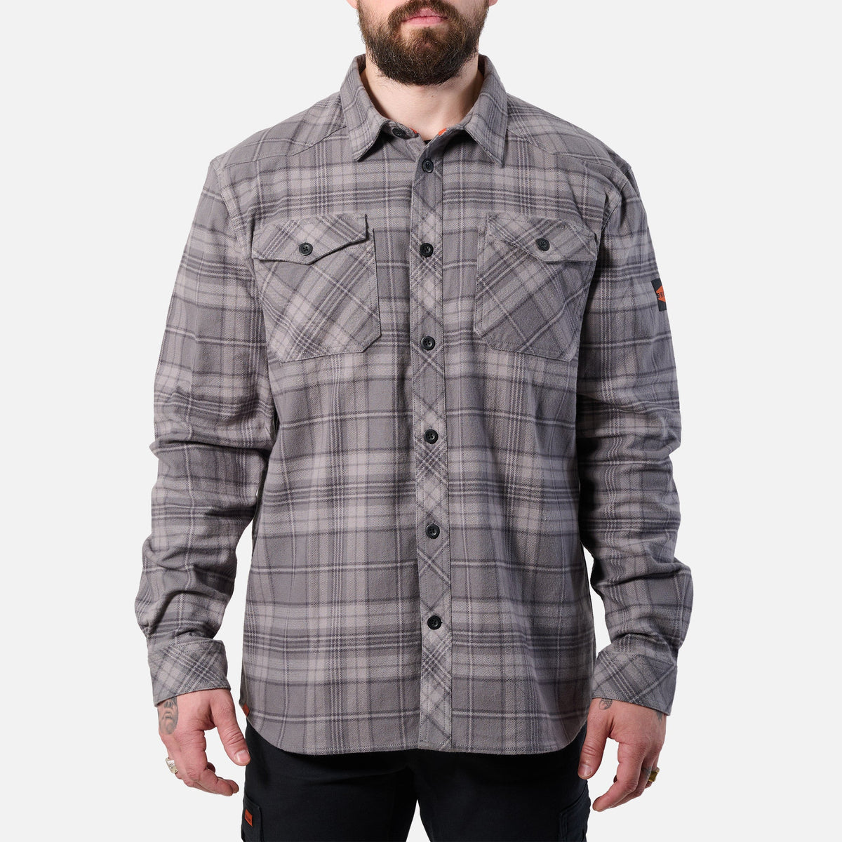 View 1 front of the BRUNT heavy duty stretch work flannel in light grey plaid * 5