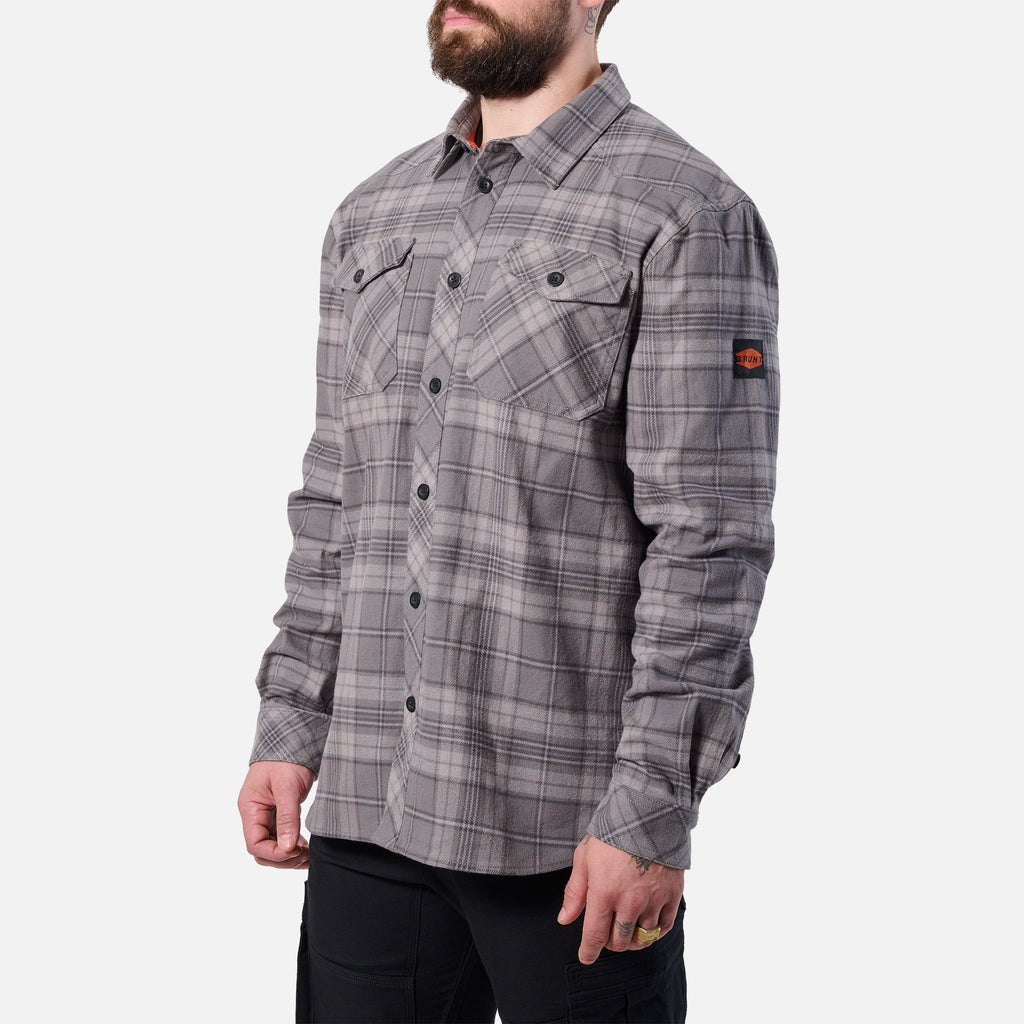 45 degree angle of the right BRUNT heavy duty stretch work flannel in light grey plaid * 5