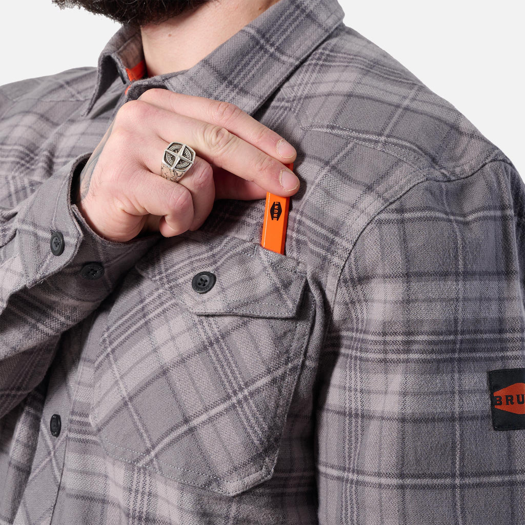 View 2 front of chest pocket with pencil slot of the BRUNT heavy duty stretch work flannel in light grey plaid * 5