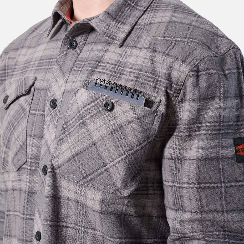 Front of chest pocket of the BRUNT heavy duty stretch work flannel in light grey plaid * 5