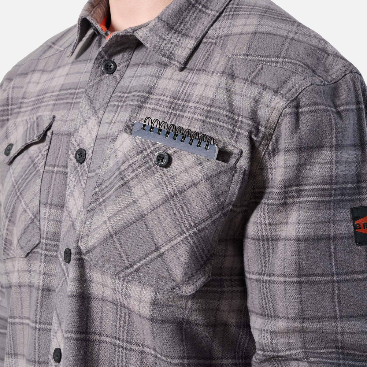 Front of chest pocket of the BRUNT heavy duty stretch work flannel in light grey plaid * 5