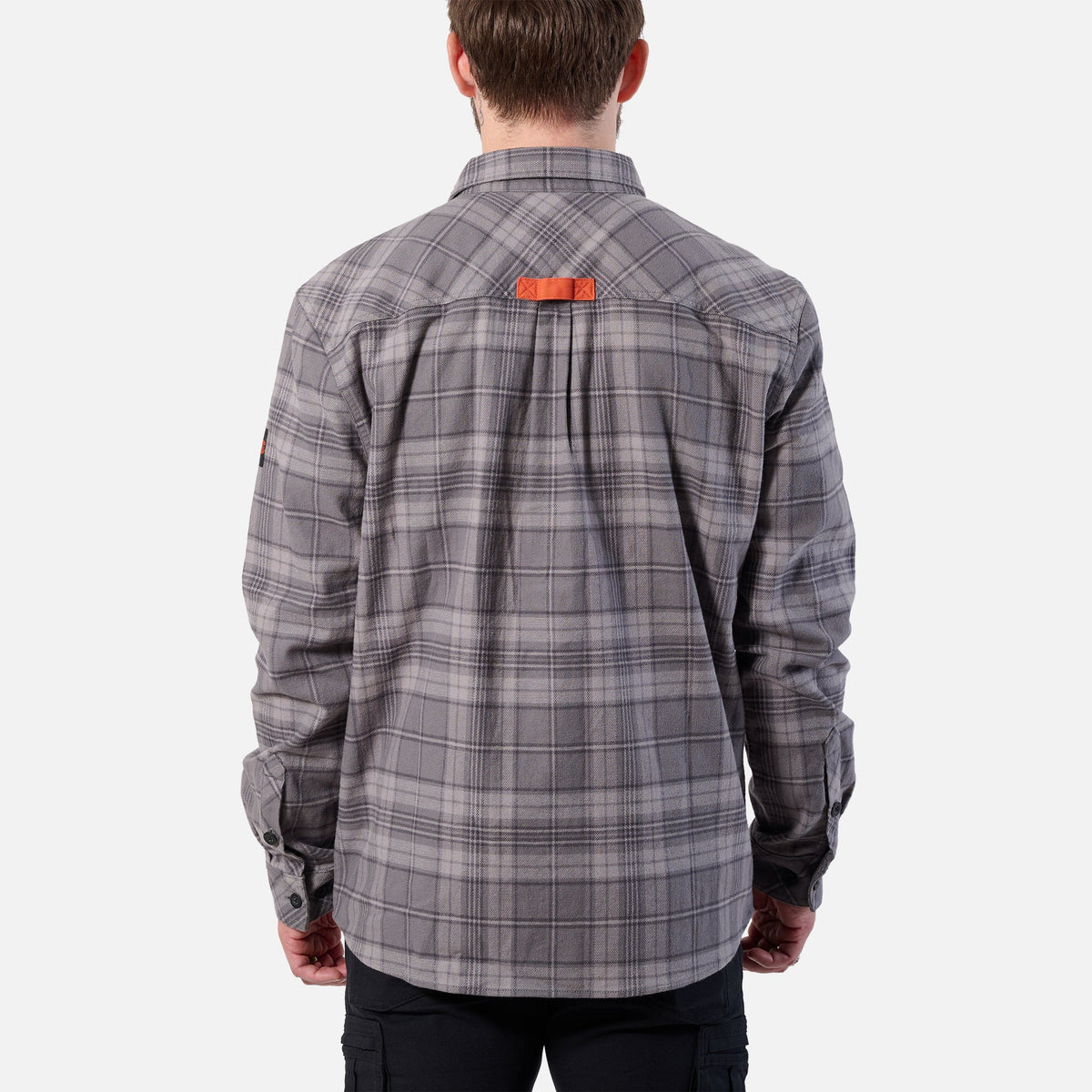 Back of the BRUNT heavy duty stretch work flannel in light grey plaid * 5