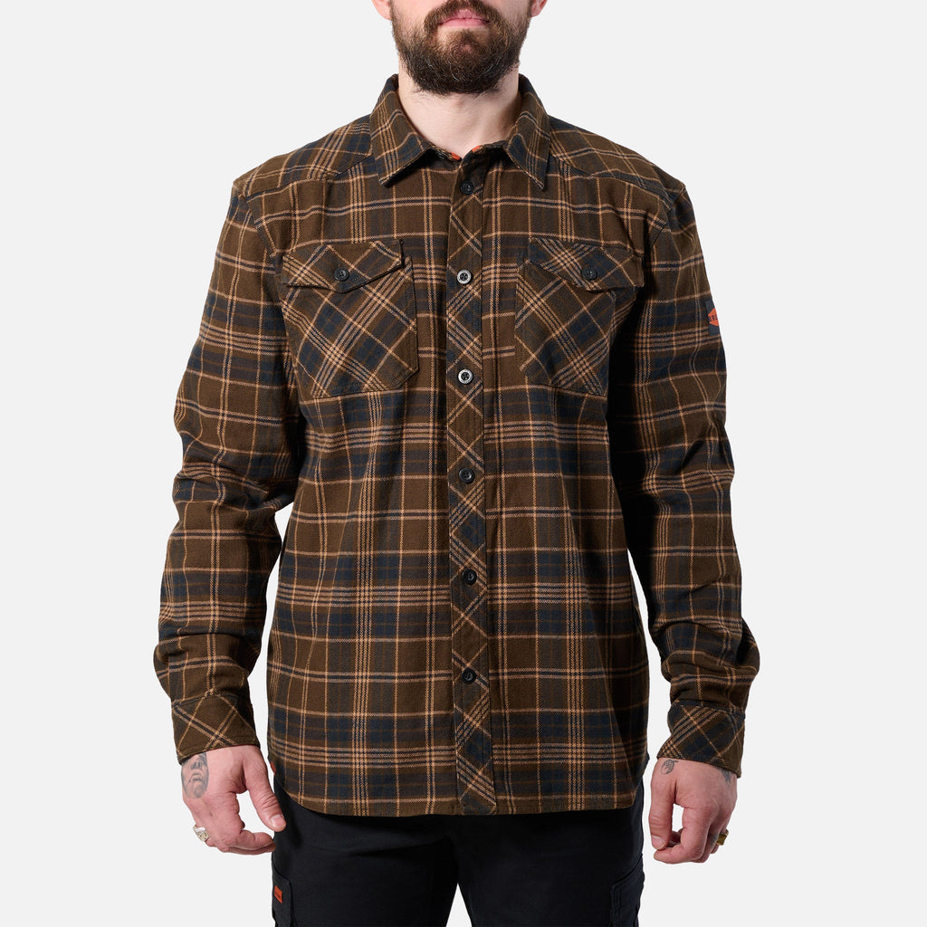 View 1 front of the BRUNT heavy duty stretch work flannel in dark brown plaid * 4