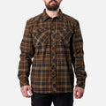 View 1 front of the BRUNT heavy duty stretch work flannel in dark brown plaid * 4