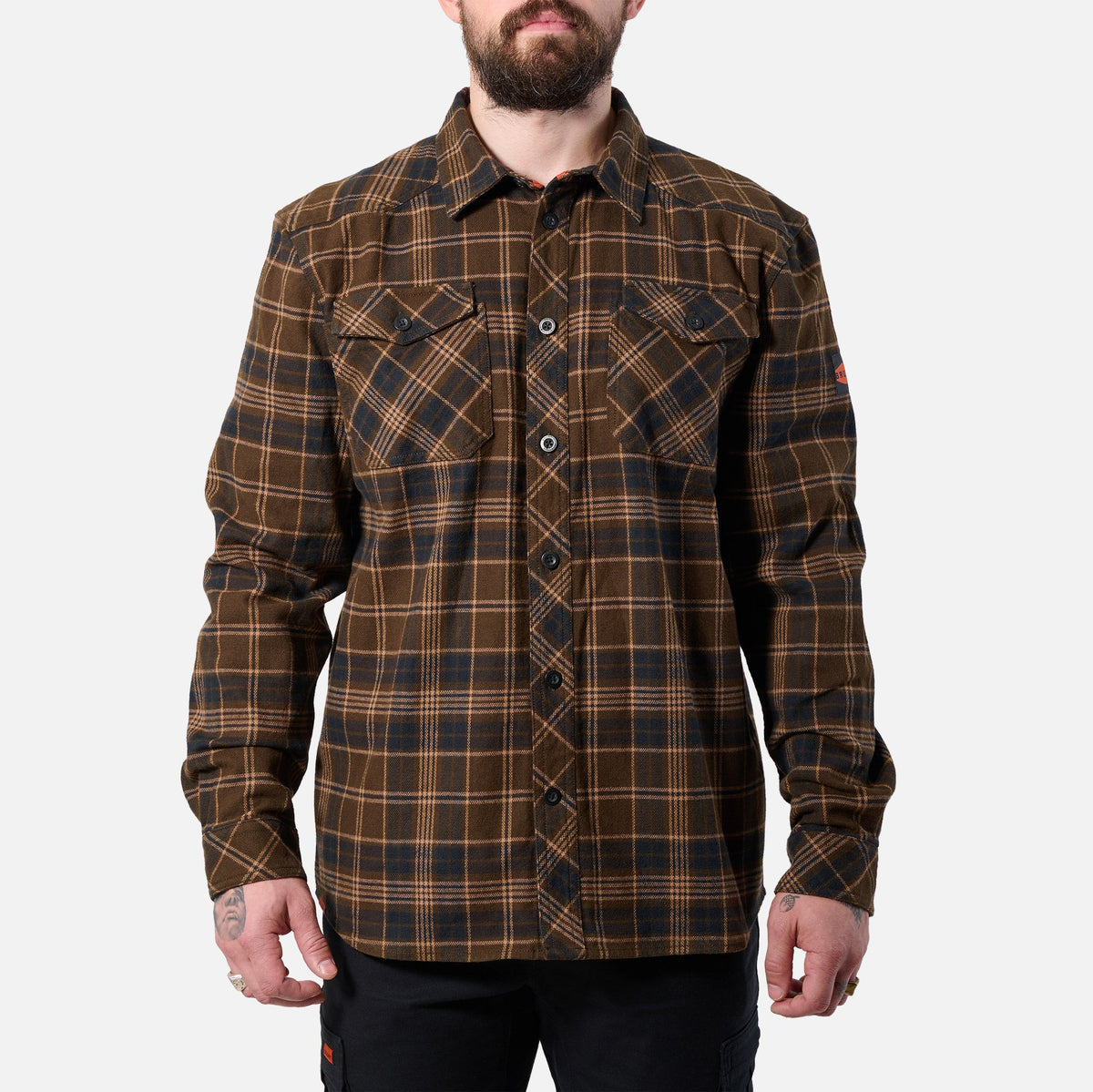 View 1 front of the BRUNT heavy duty stretch work flannel in dark brown plaid * 4
