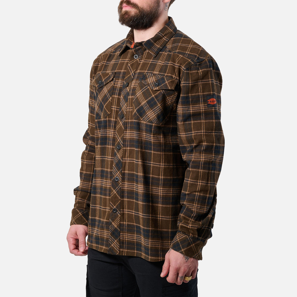 45 degree angle of the right BRUNT heavy duty stretch work flannel in dark brown plaid * 4