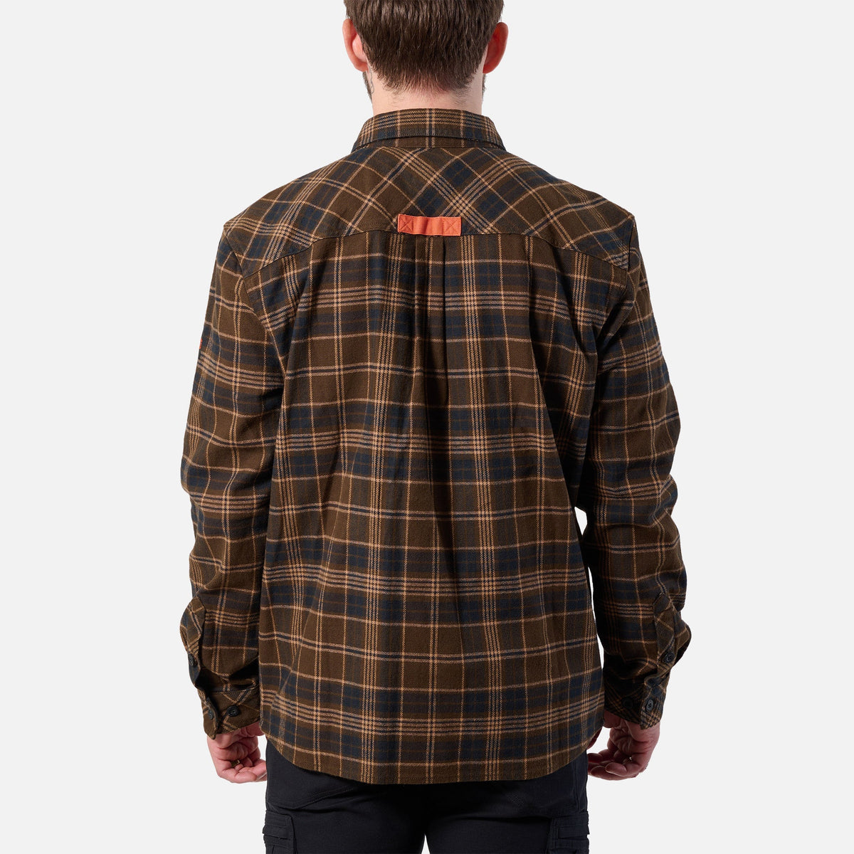 Back of the BRUNT heavy duty stretch work flannel in dark brown plaid * 4
