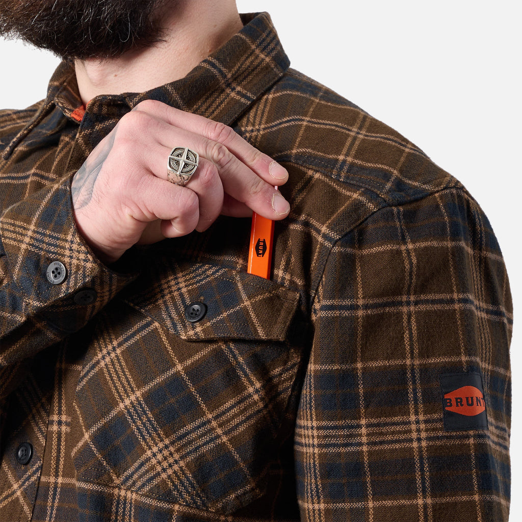 View 2 front of chest pocket with pencil slot of the BRUNT heavy duty stretch work flannel in dark brown plaid * 4