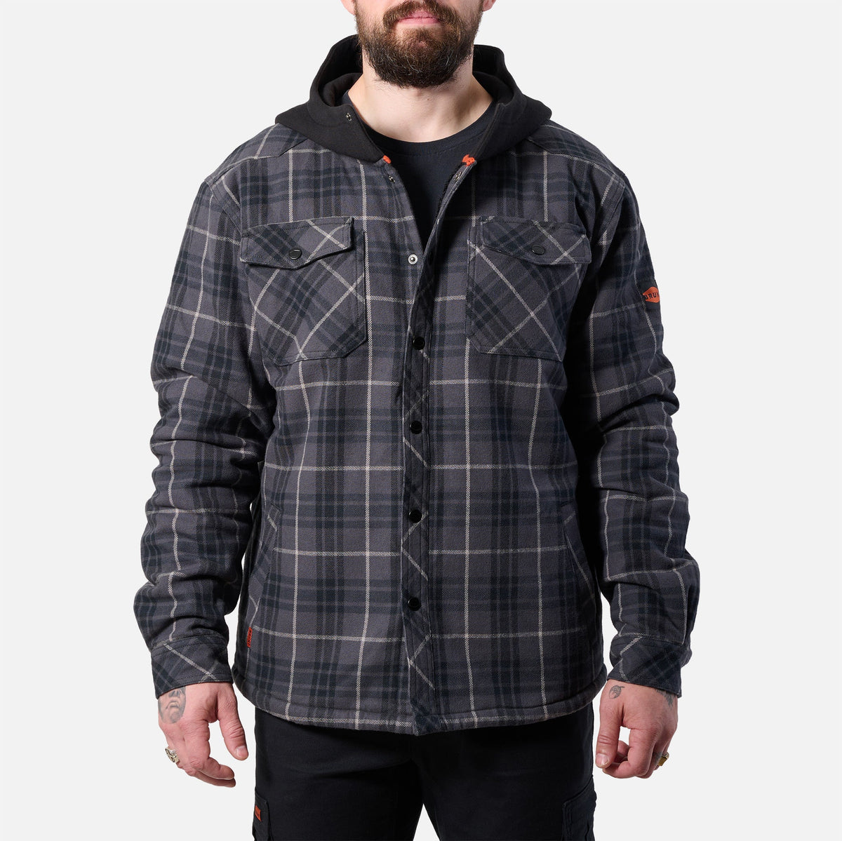View 1 front of the BRUNT quilted flannel work jacket in charcoal and black plaid * 2