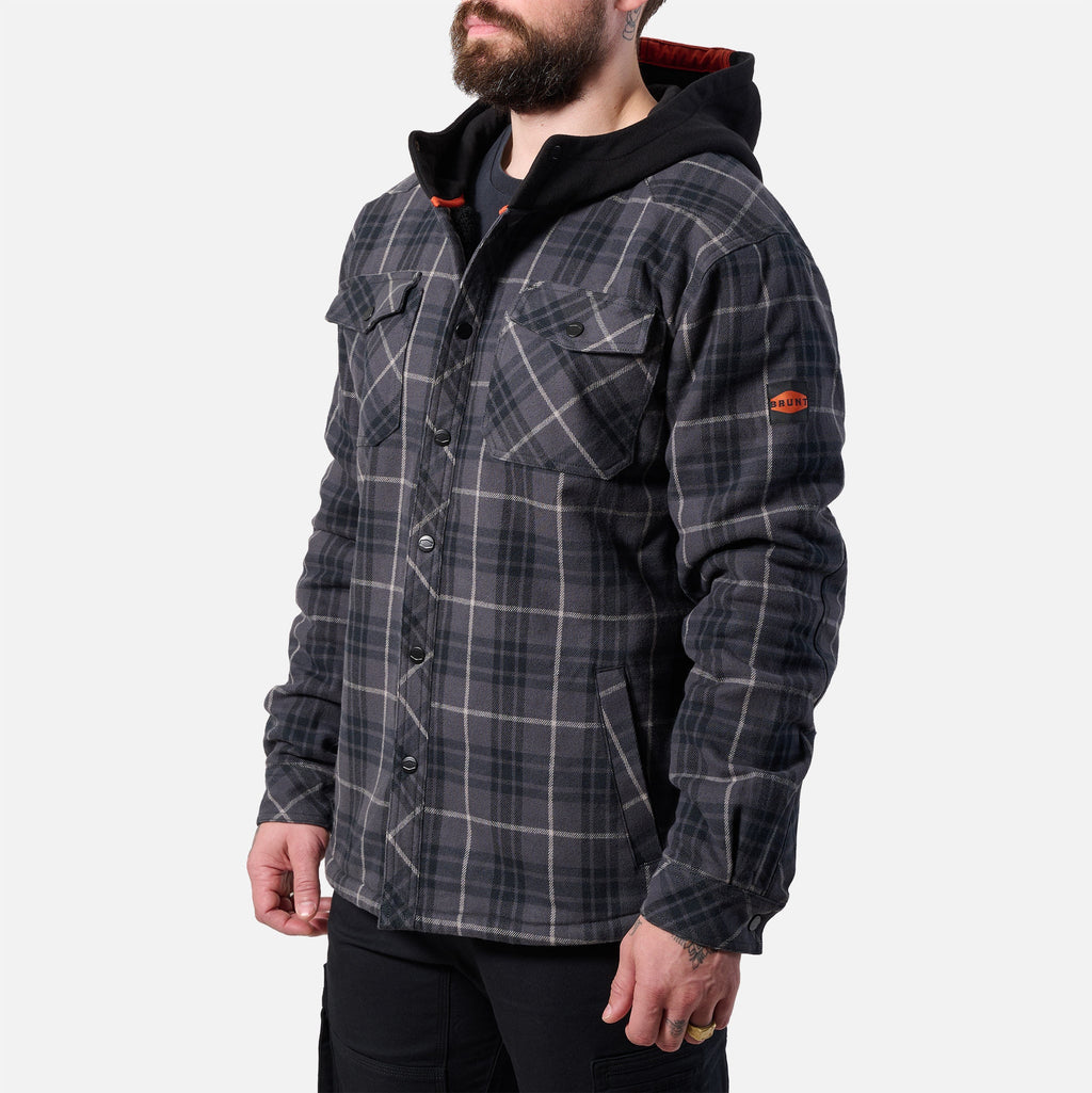 45 degree angle of the left BRUNT quilted flannel work jacket in charcoal and black plaid * 2