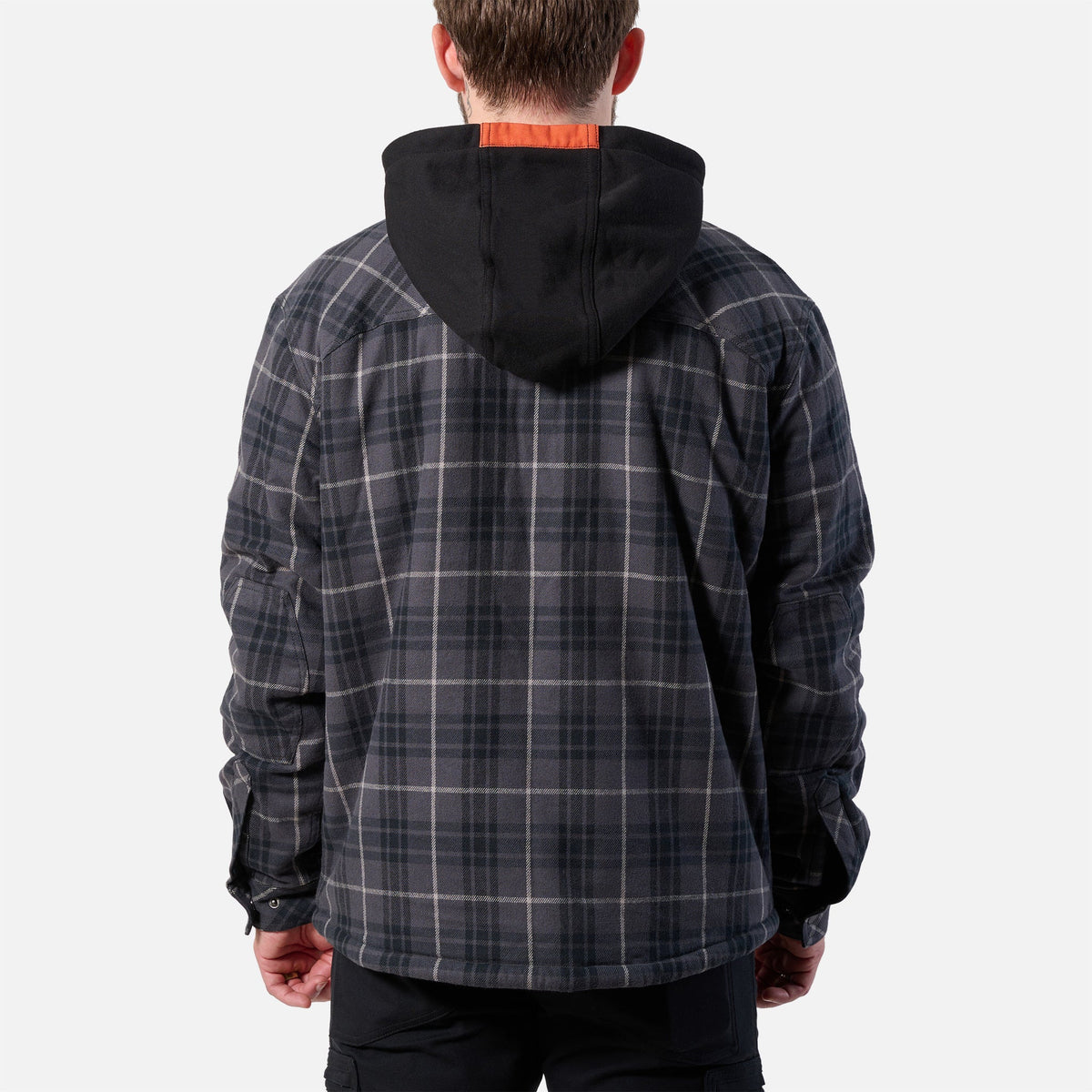 Back of the BRUNT quilted flannel work jacket in charcoal and black plaid * 2