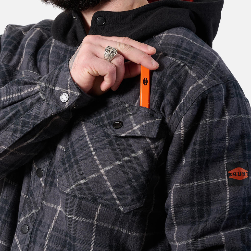 View 2 front pocket of BRUNT quilted flannel work jacket in charcoal black plaid * 2