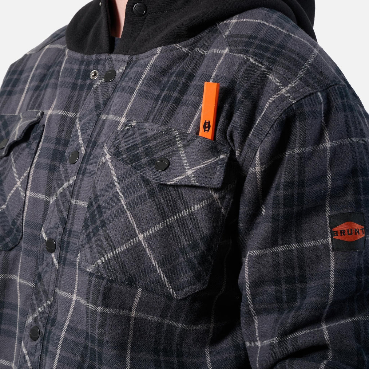 Front pocket of BRUNT quilted flannel jacket in charcoal and black plaid * 2