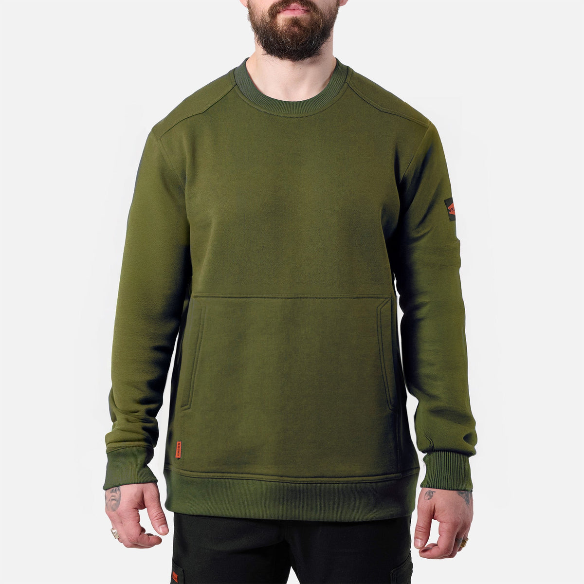 View 1 front of the BRUNT water resistant midweight crewneck in hunter green * 2