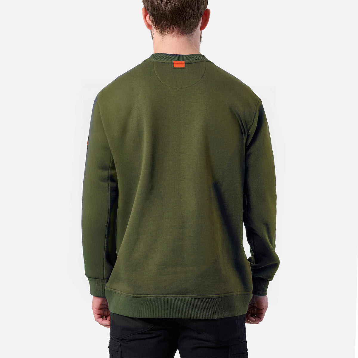 Back of the BRUNT water resistant midweight crewneck in hunter green * 2