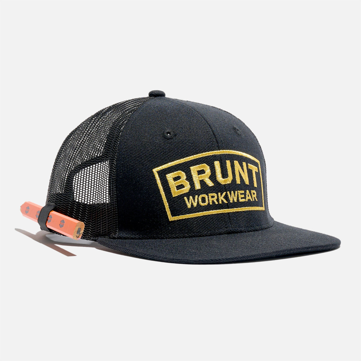 View 1 45 degree angle of front of flat brim work hat with built in pencil holder and BRUNT logo in black and gold * 1