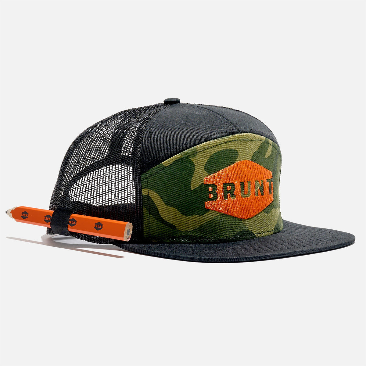 View 1 45 degree angle of front of flat brim work hat with built in pencil holder and BRUNT logo in black and army green camo * 8