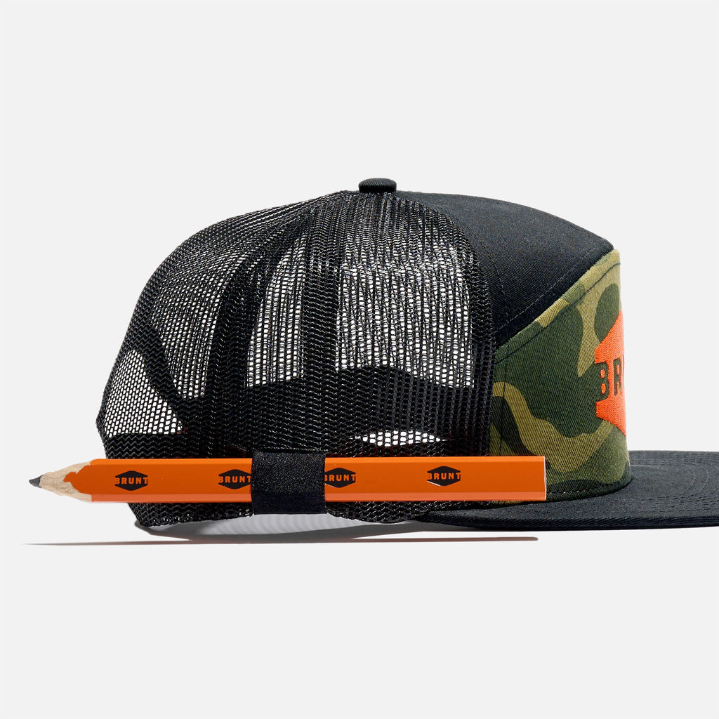 View 2 right side of flat brim work hat with built in pencil holder and BRUNT logo in black and army green camo * 8