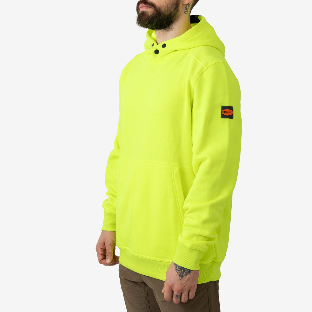 45 degree angle of the front left side of the BRUNT water resistant shevlin work hoodie in safety yellow