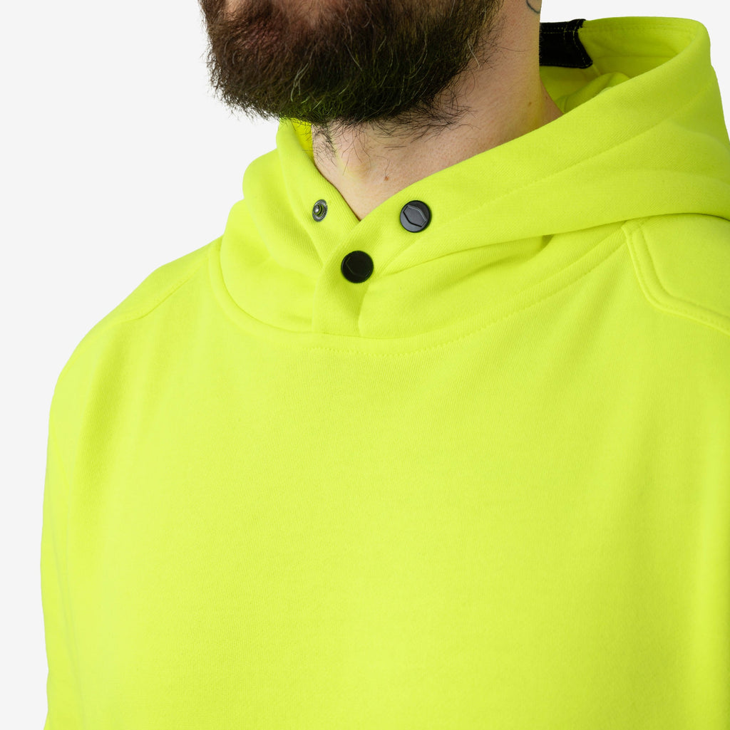 View 2 front of button snaps of the BRUNT water resistant shevlin work hoodie in safety yellow