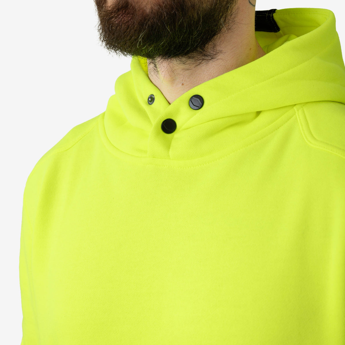 View 2 front of button snaps of the BRUNT water resistant shevlin work hoodie in safety yellow