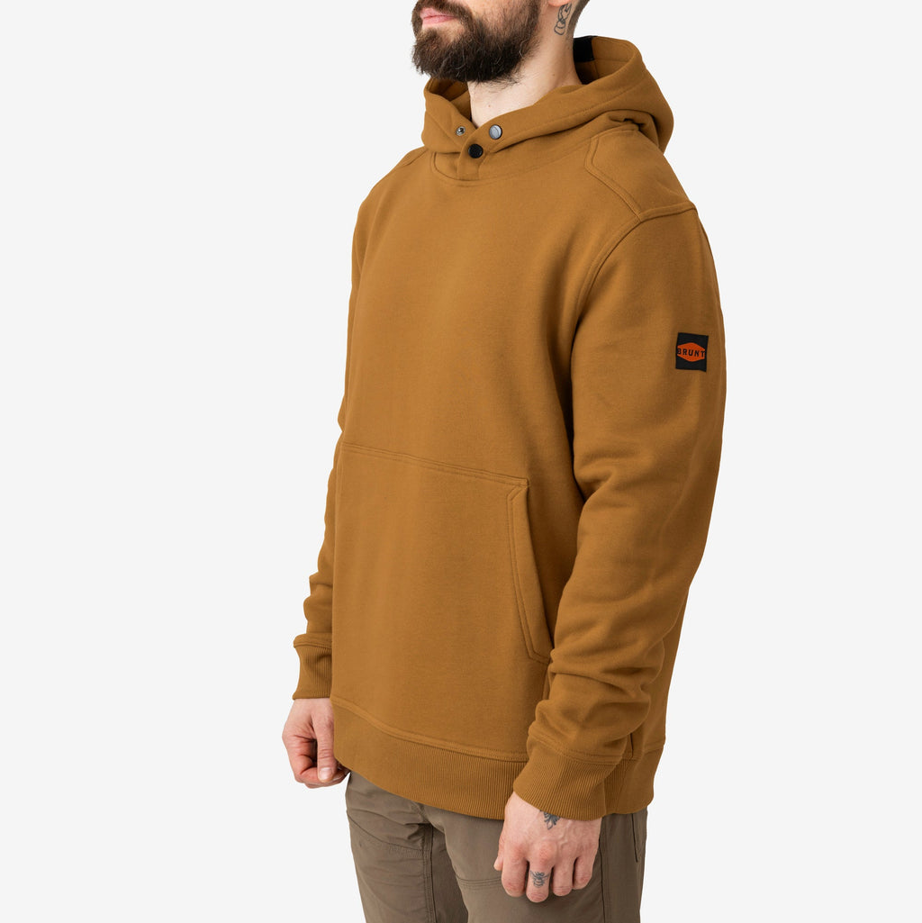 45 degree angle of the front left side of the BRUNT water resistant shevlin work hoodie in saddle