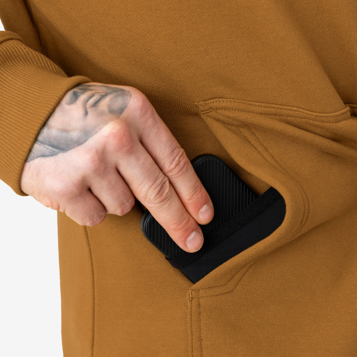 Front of hand pocket of the BRUNT water resistant shevlin work hoodie in saddle