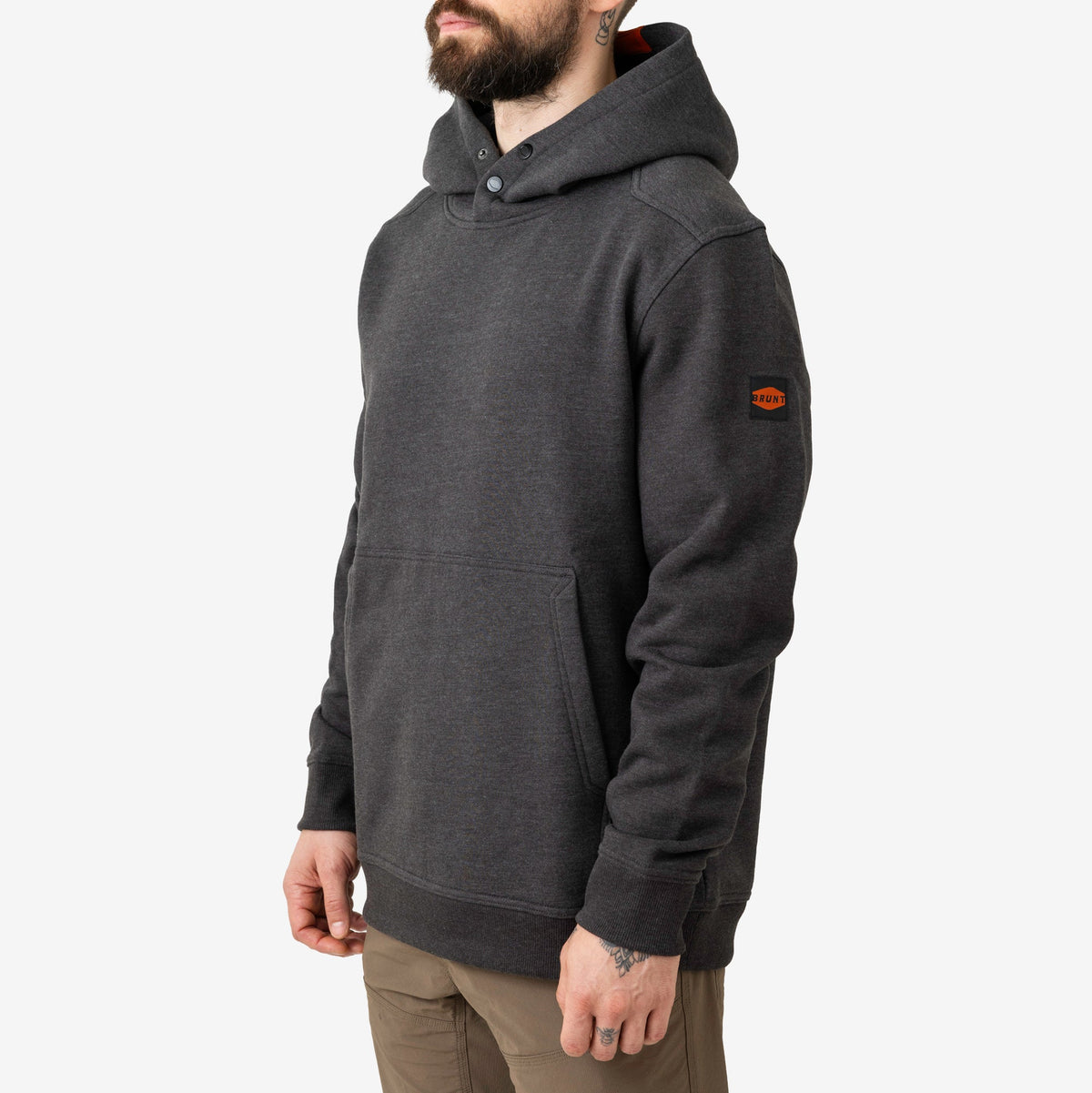 45 degree angle of the front left side of the BRUNT water resistant shevlin work hoodie in dark grey heather