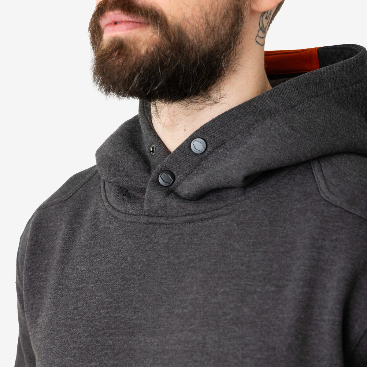 View 2 front of button snaps of the BRUNT water resistant shevlin work hoodie in dark grey heather