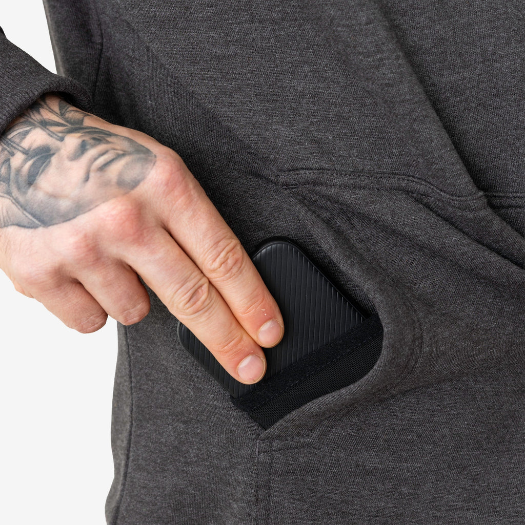 Front of hand pocket of the BRUNT water resistant shevlin work hoodie in dark grey heather