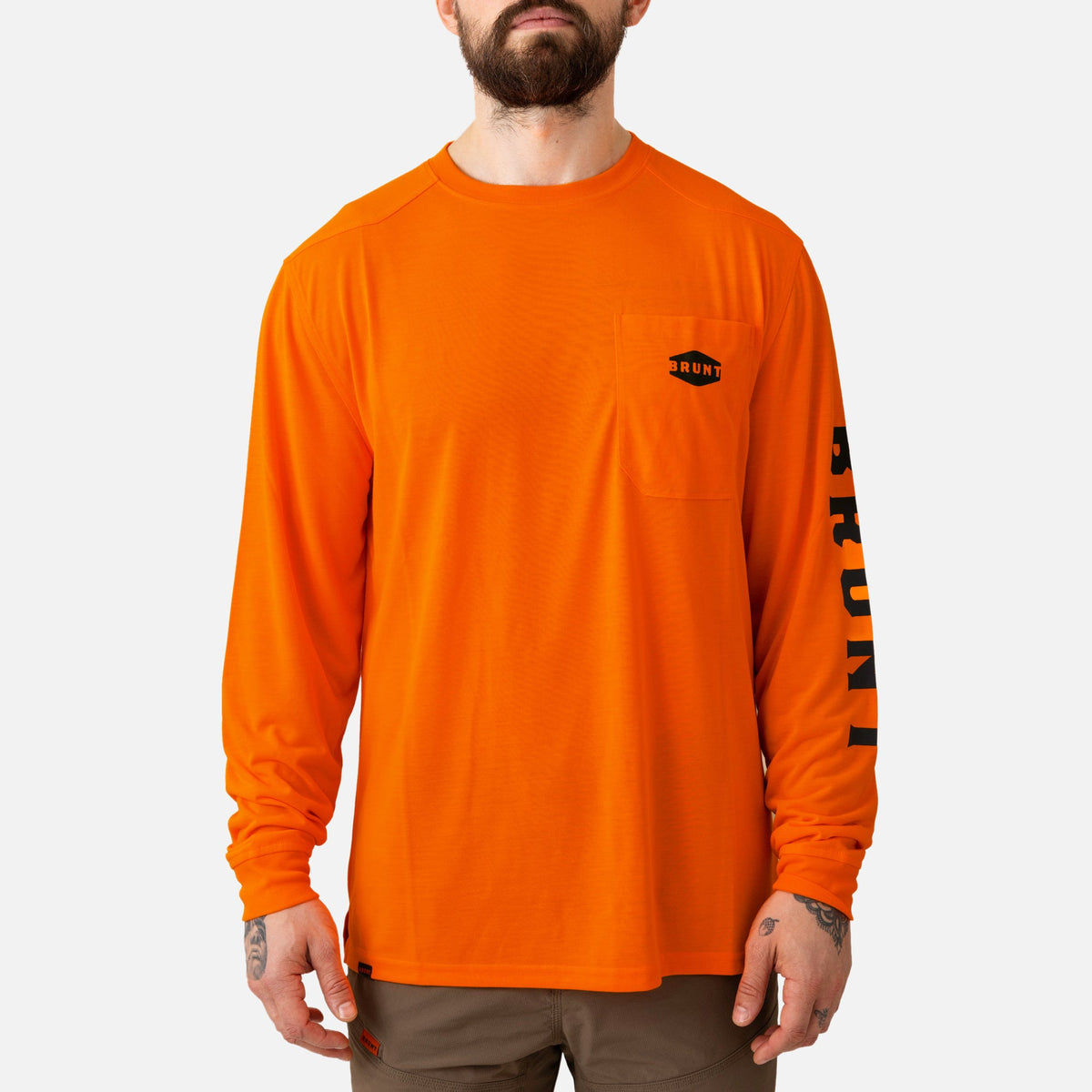 View 1 front of the BRUNT high quality long sleeve pocket tee in safety orange