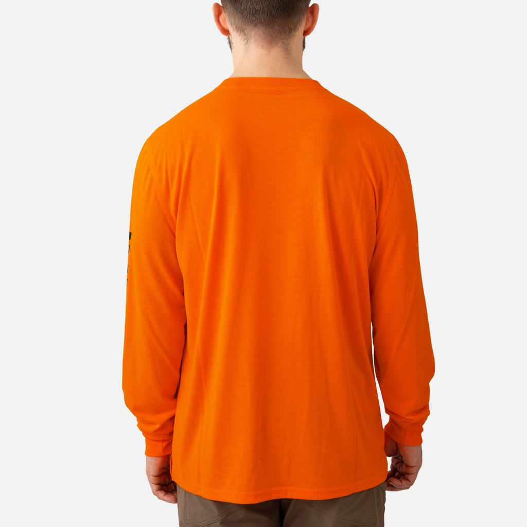 Back of the BRUNT high quality long sleeve pocket tee in safety orange