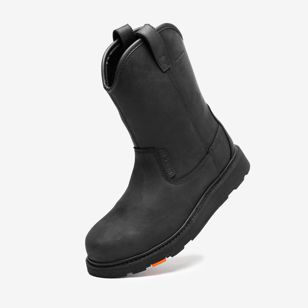 45 degree angle of the left BRUNT 9 inch waterproof composite toe roper bolduc work boot in black