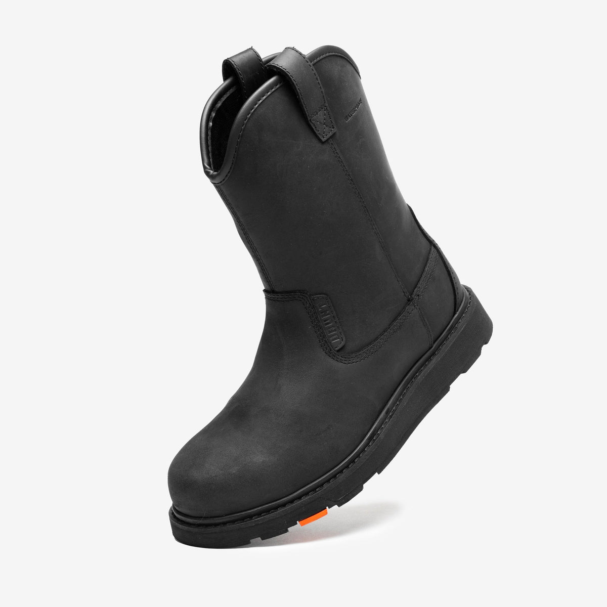45 degree angle of the left BRUNT 9 inch waterproof composite toe roper bolduc work boot in black