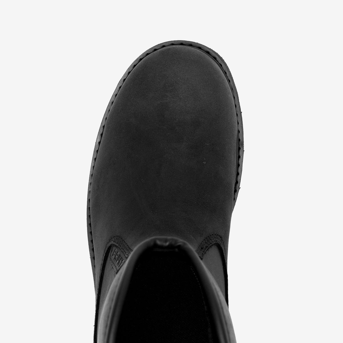 Above shot of the toe shape of the BRUNT 9 inch waterproof soft toe roper bolduc work boot in black