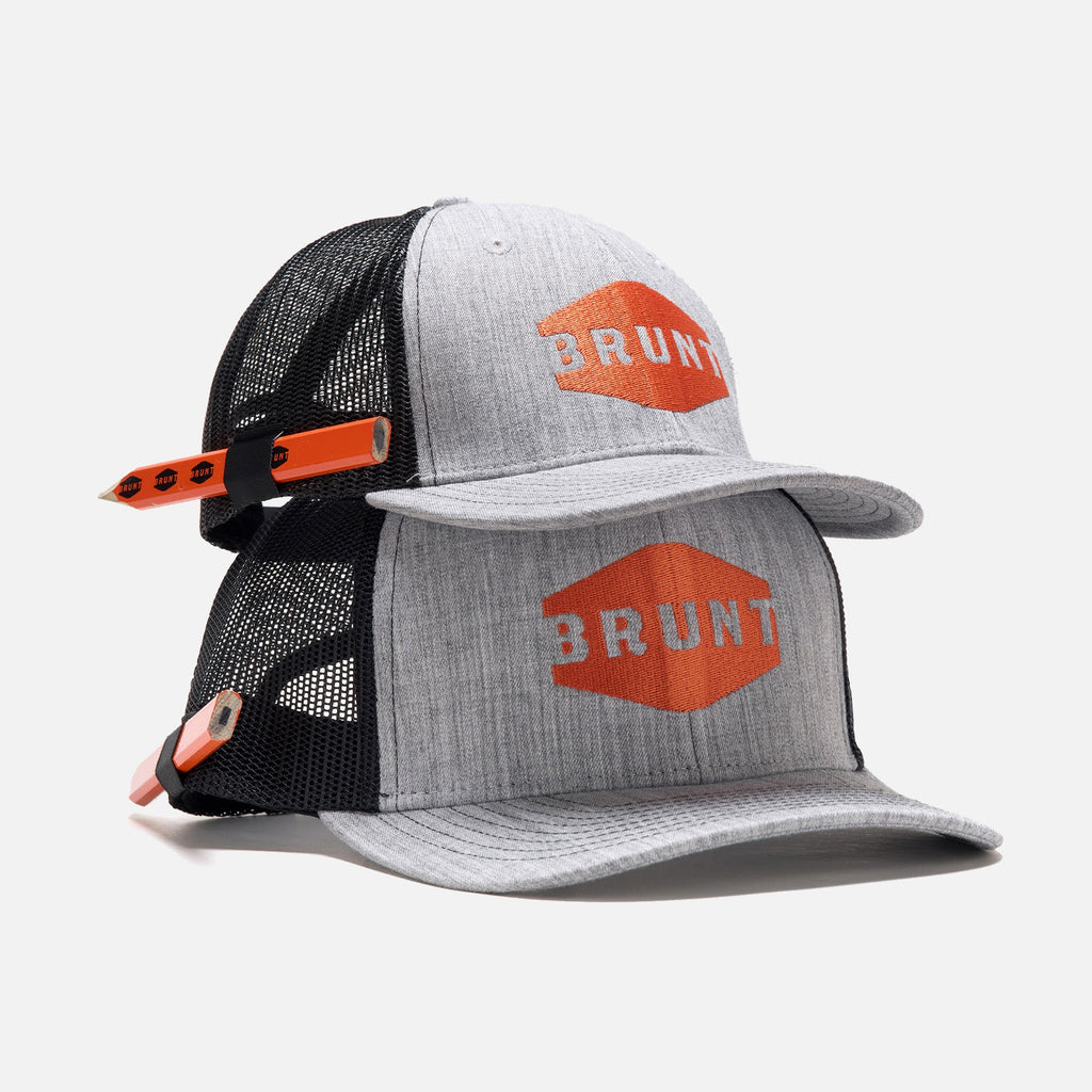 BRUNT curved brim work hat with built in pencil holder and BRUNT logo in grey and kids curved brim work hat with built in pencil holder and BRUNT logo in grey