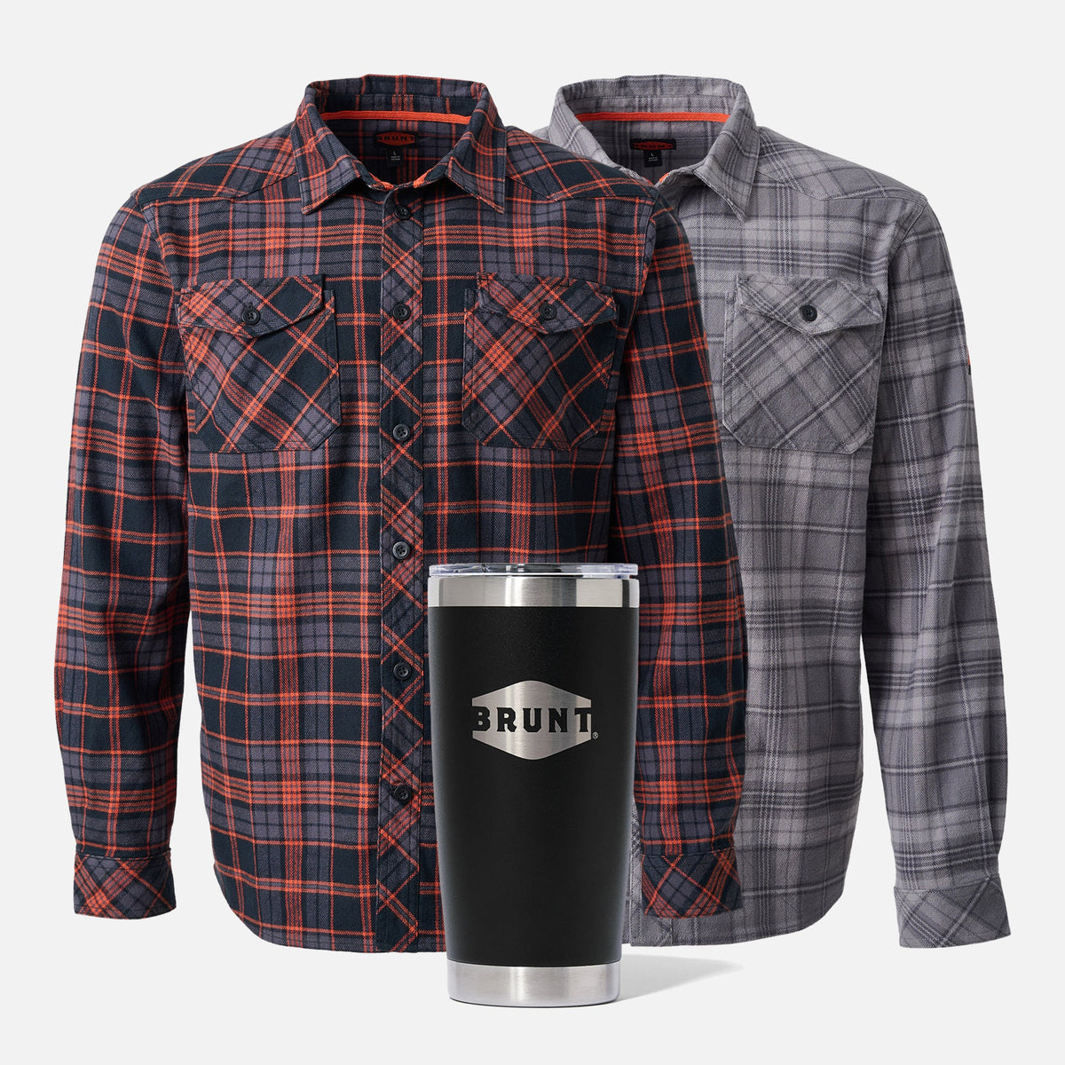 Two BRUNT heavy duty stretch work flannel in orange and black plaid and light grey plaid with 20oz BRUNT tumbler in black