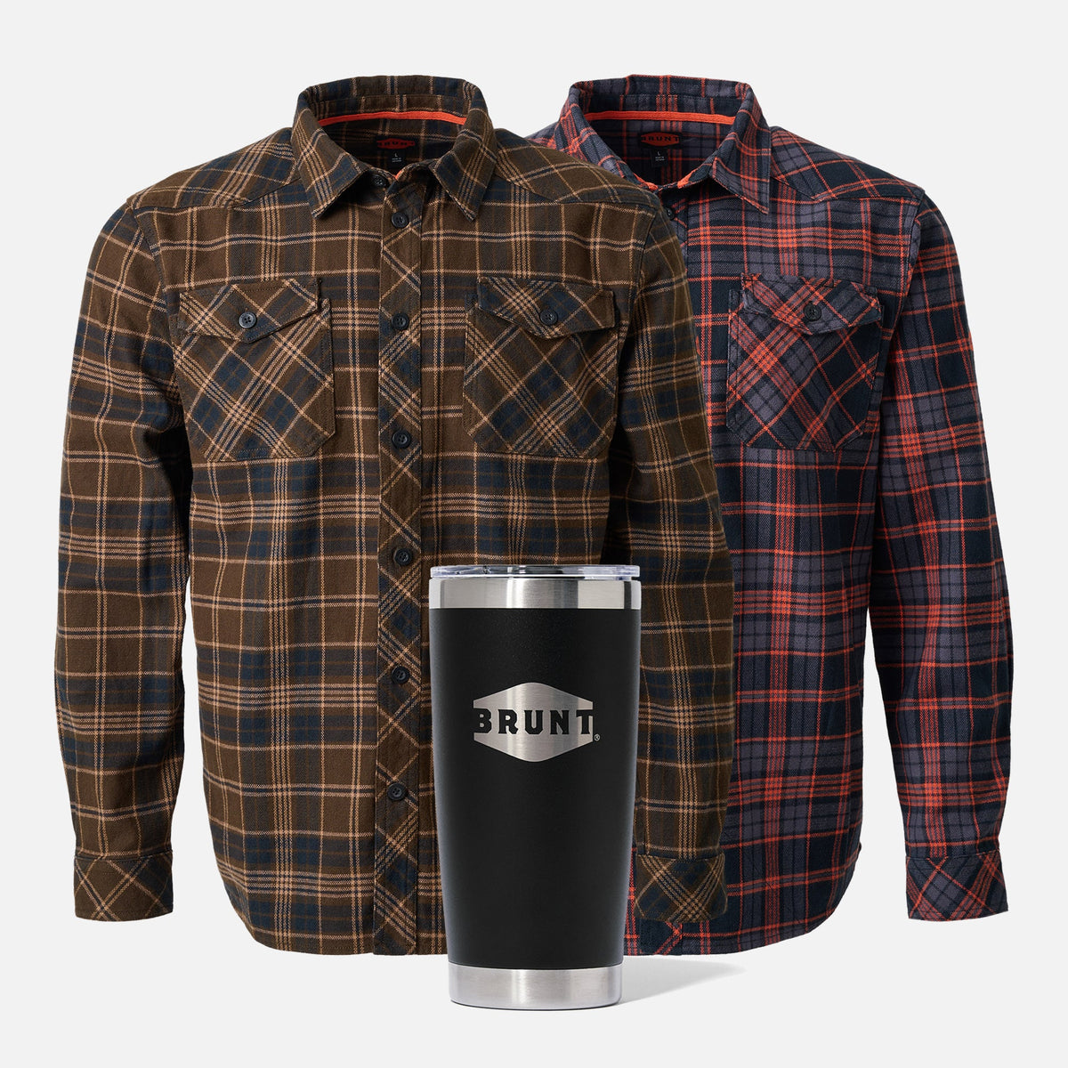Two BRUNT heavy duty stretch work flannel in dark brown plaid and orange and black plaid with 20oz BRUNT tumbler in black