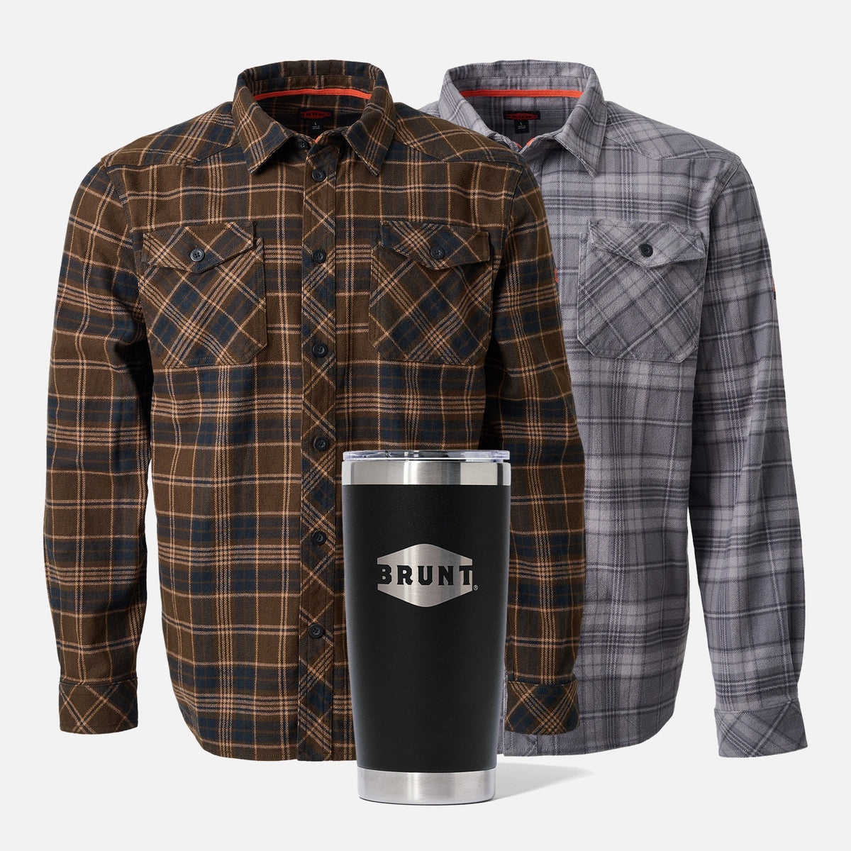 Two BRUNT heavy duty stretch work flannel in dark brown plaid and light grey plaid with 20oz BRUNT tumbler in black
