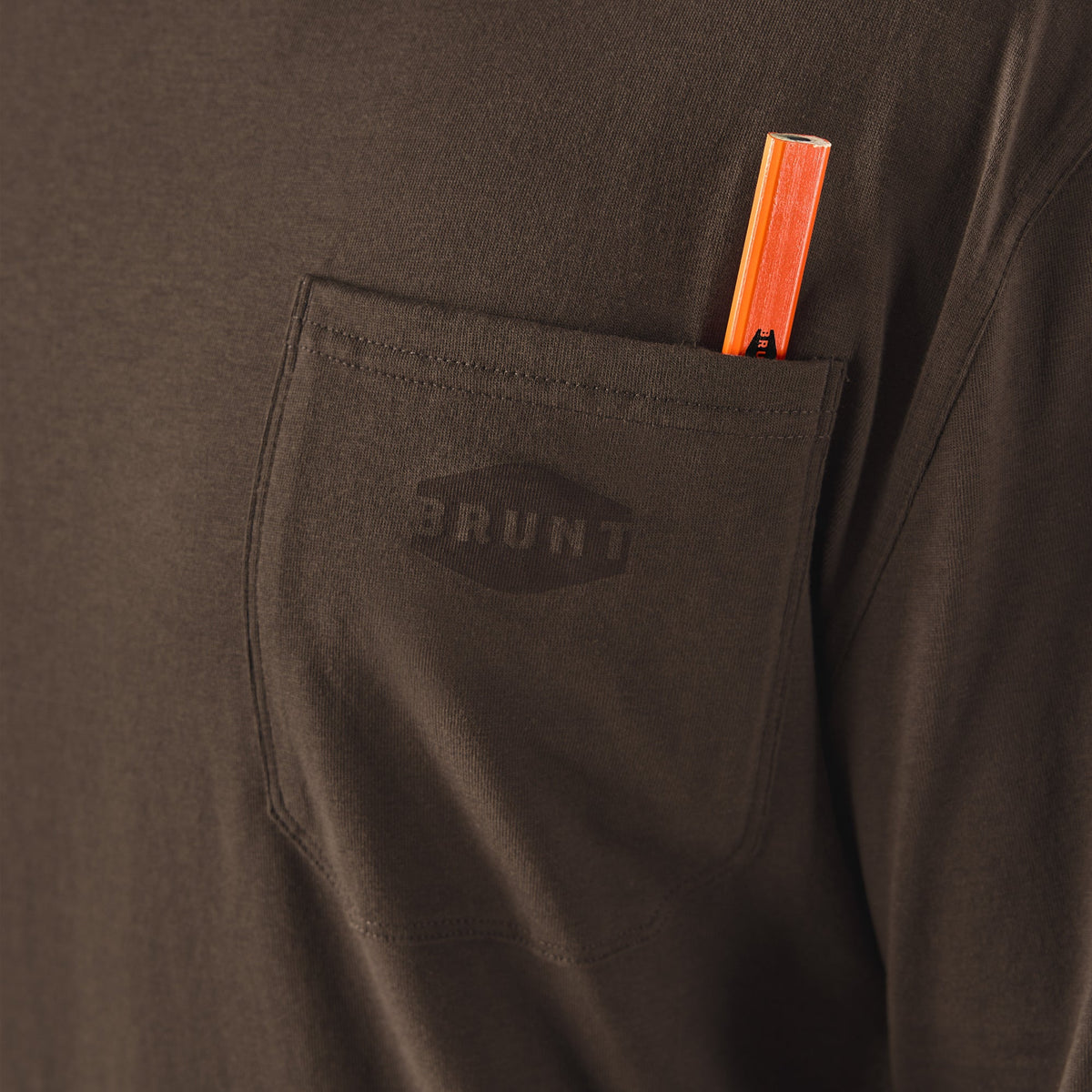 View 2 front of chest pocket with pencil slot of the BRUNT high quality long sleeve pocket tee in brown