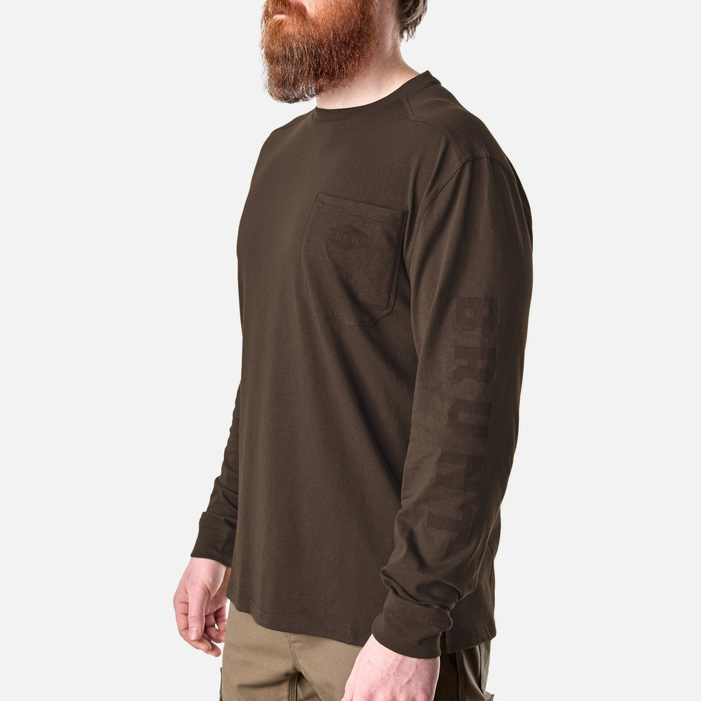45 degree angle of the front left of the BRUNT high quality long sleeve pocket tee in brown