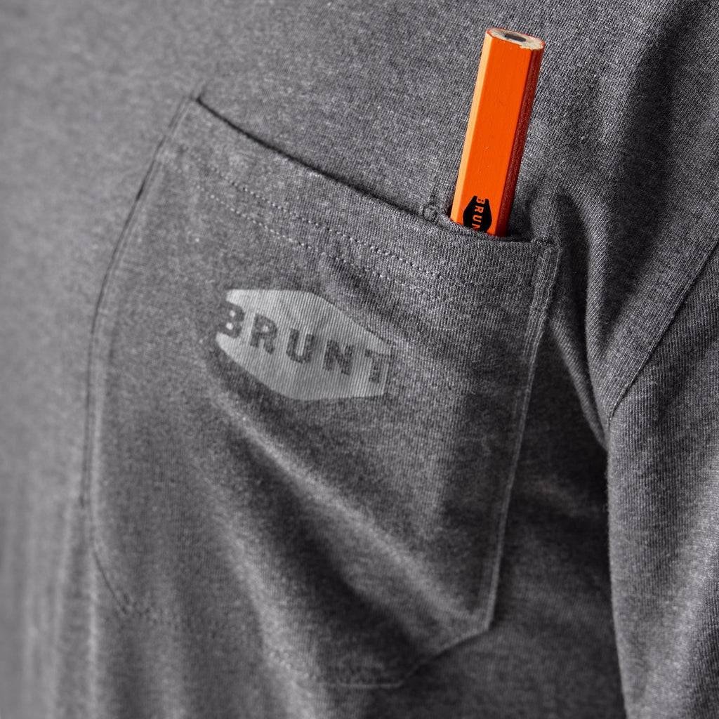 View 2 front of chest pocket with pencil slot of the BRUNT high quality long sleeve pocket tee in dark grey heather * 4